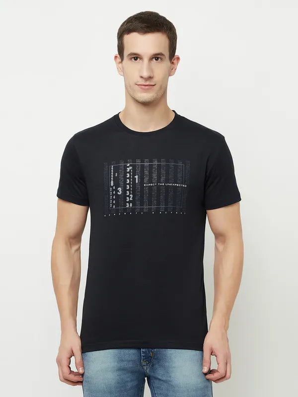 Octave Men Navy Blue Typography Printed Applique T-Shirt