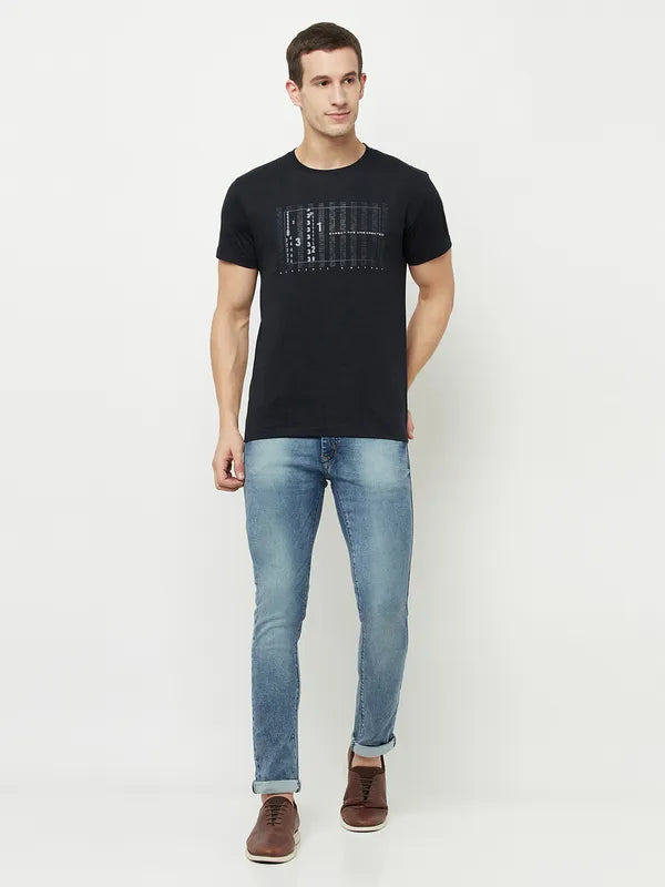 Octave Men Navy Blue Typography Printed Applique T-Shirt
