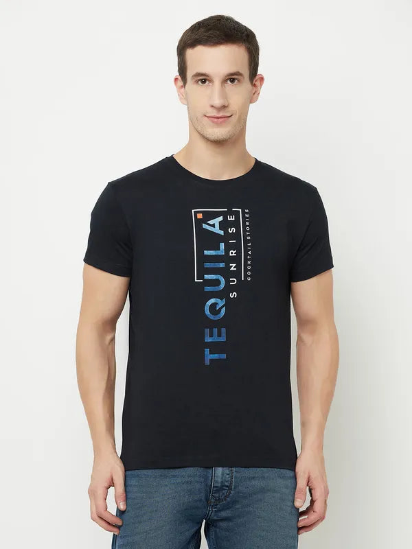 Octave Men Navy Blue  Raisin Black Typography Printed Raw Edge T-Shirt