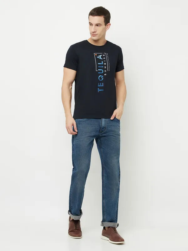 Octave Men Navy Blue  Raisin Black Typography Printed Raw Edge T-Shirt