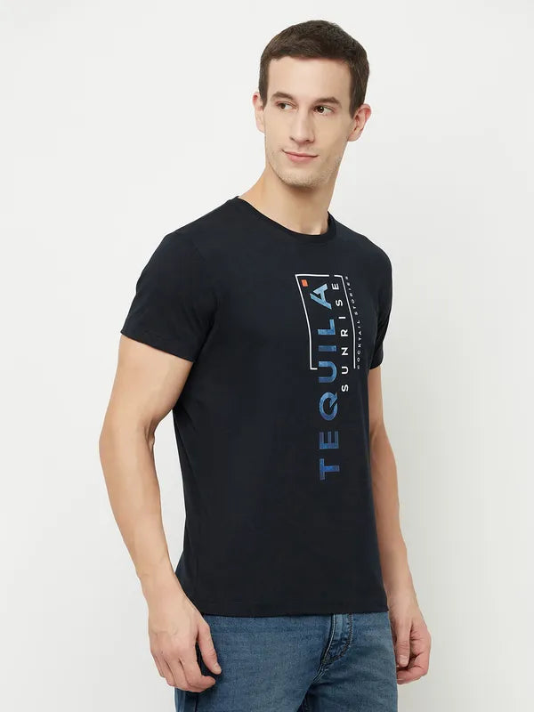 Octave Men Navy Blue  Raisin Black Typography Printed Raw Edge T-Shirt