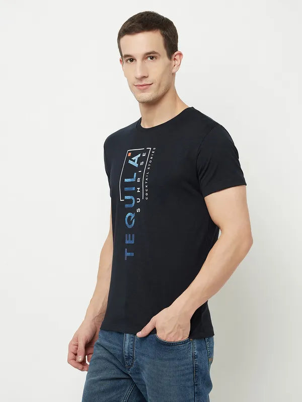 Octave Men Navy Blue  Raisin Black Typography Printed Raw Edge T-Shirt