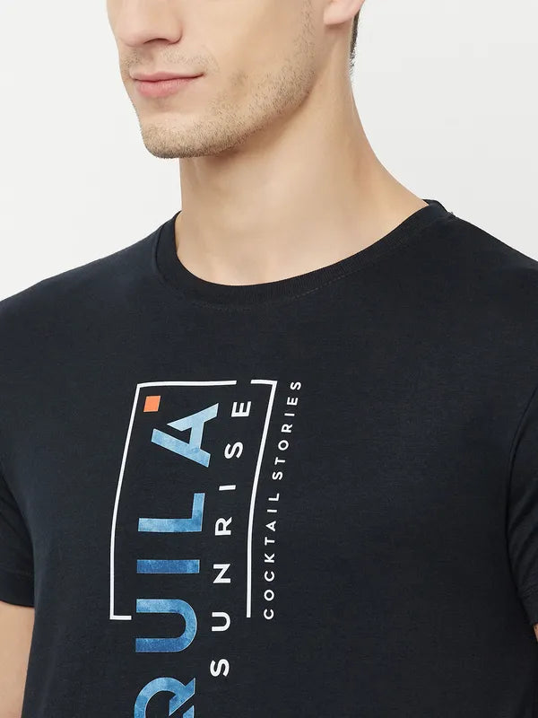 Octave Men Navy Blue  Raisin Black Typography Printed Raw Edge T-Shirt
