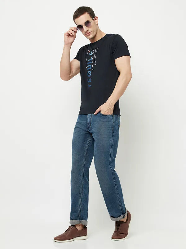 Octave Men Navy Blue  Raisin Black Typography Printed Raw Edge T-Shirt
