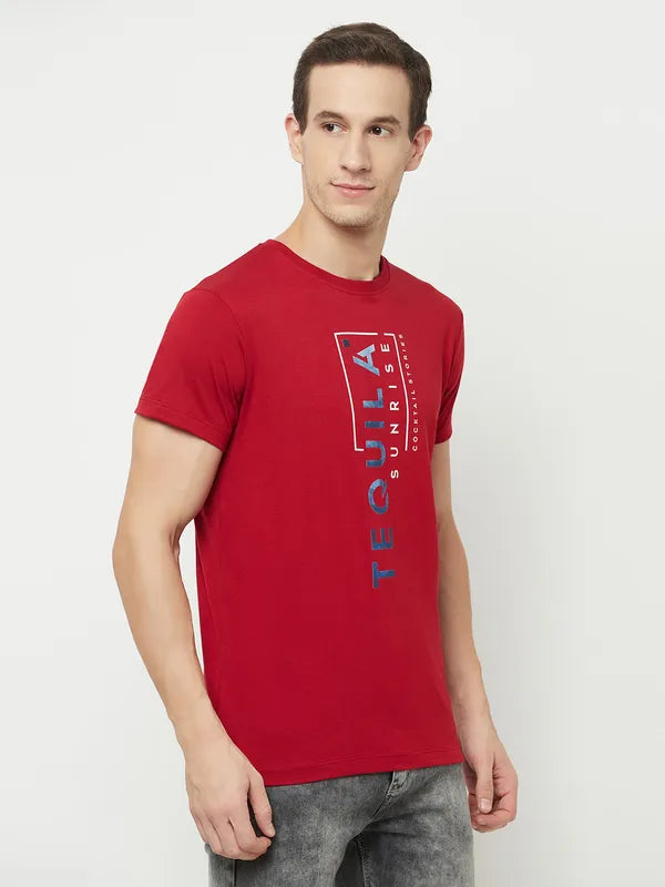 Octave Men Maroon Typography Printed Applique T-Shirt