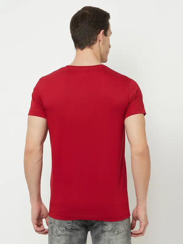 Octave Men Maroon Typography Printed Applique T-Shirt