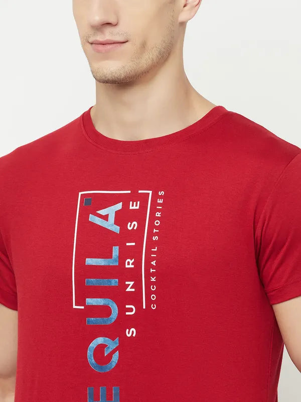 Octave Men Maroon Typography Printed Applique T-Shirt
