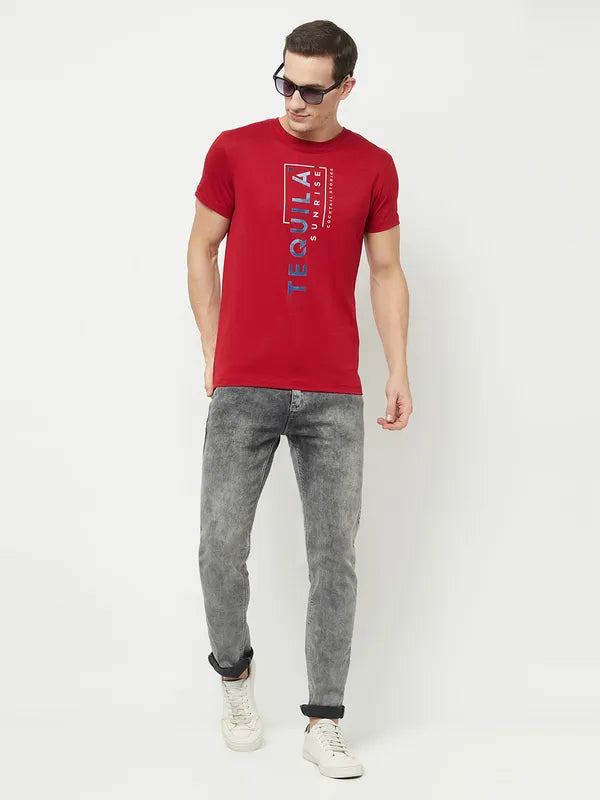 Octave Men Maroon Typography Printed Applique T-Shirt