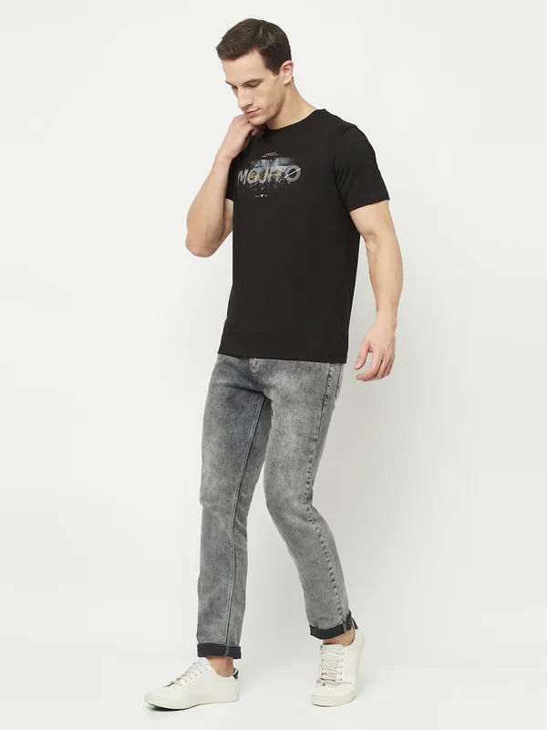 Octave Men Black Printed Raw Edge T-Shirt