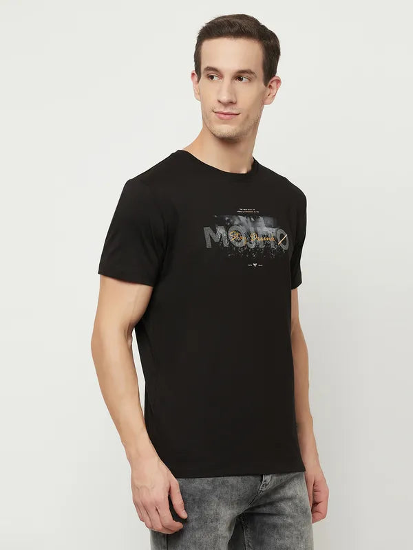Octave Men Black Printed Raw Edge T-Shirt