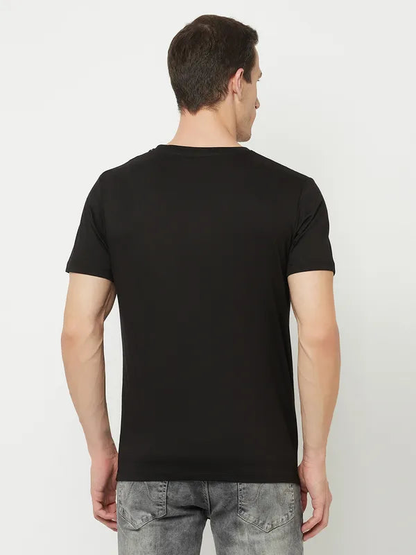 Octave Men Black Printed Raw Edge T-Shirt