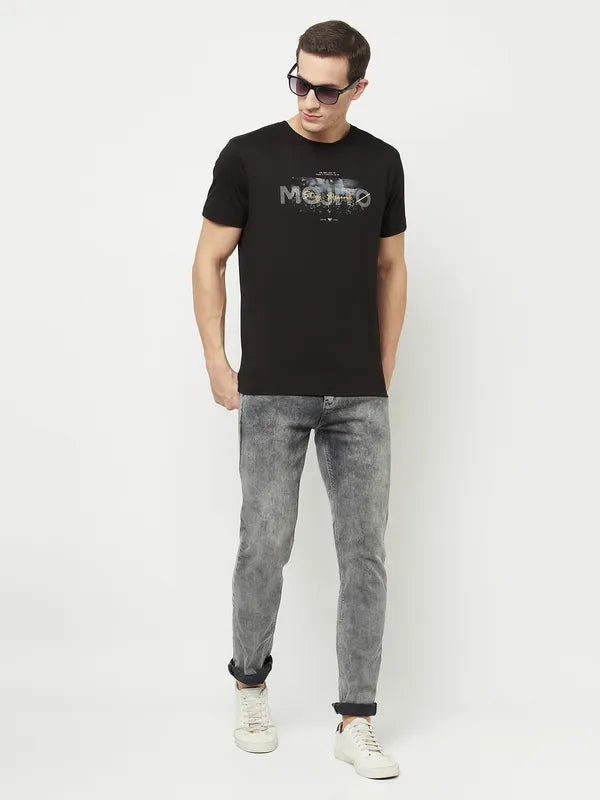 Octave Men Black Printed Raw Edge T-Shirt