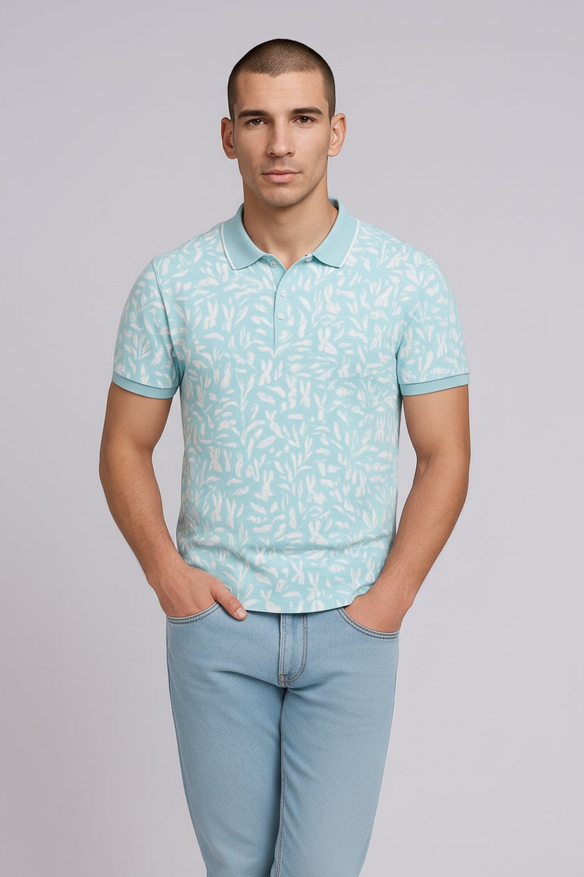 Men Aqua Floral Printed Polo Collar T-shirt