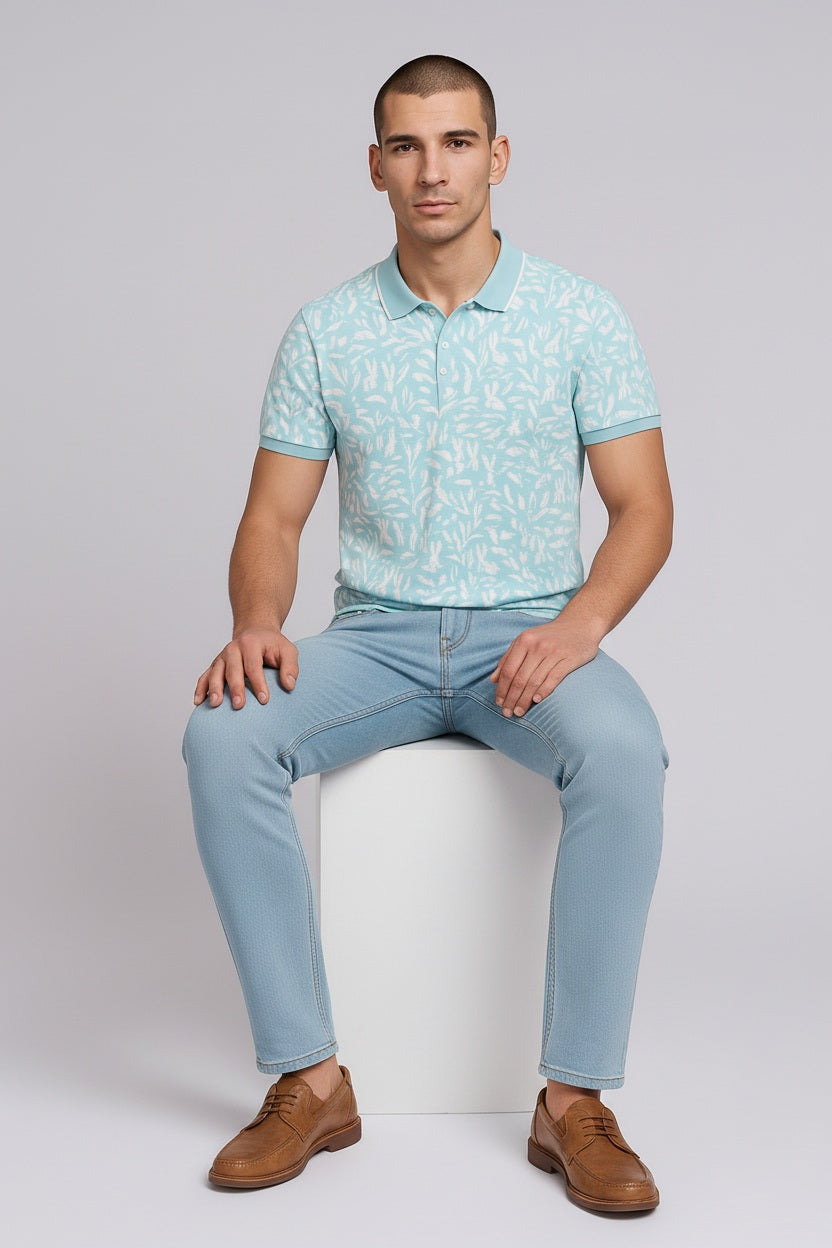 Men Aqua Floral Printed Polo Collar T-shirt