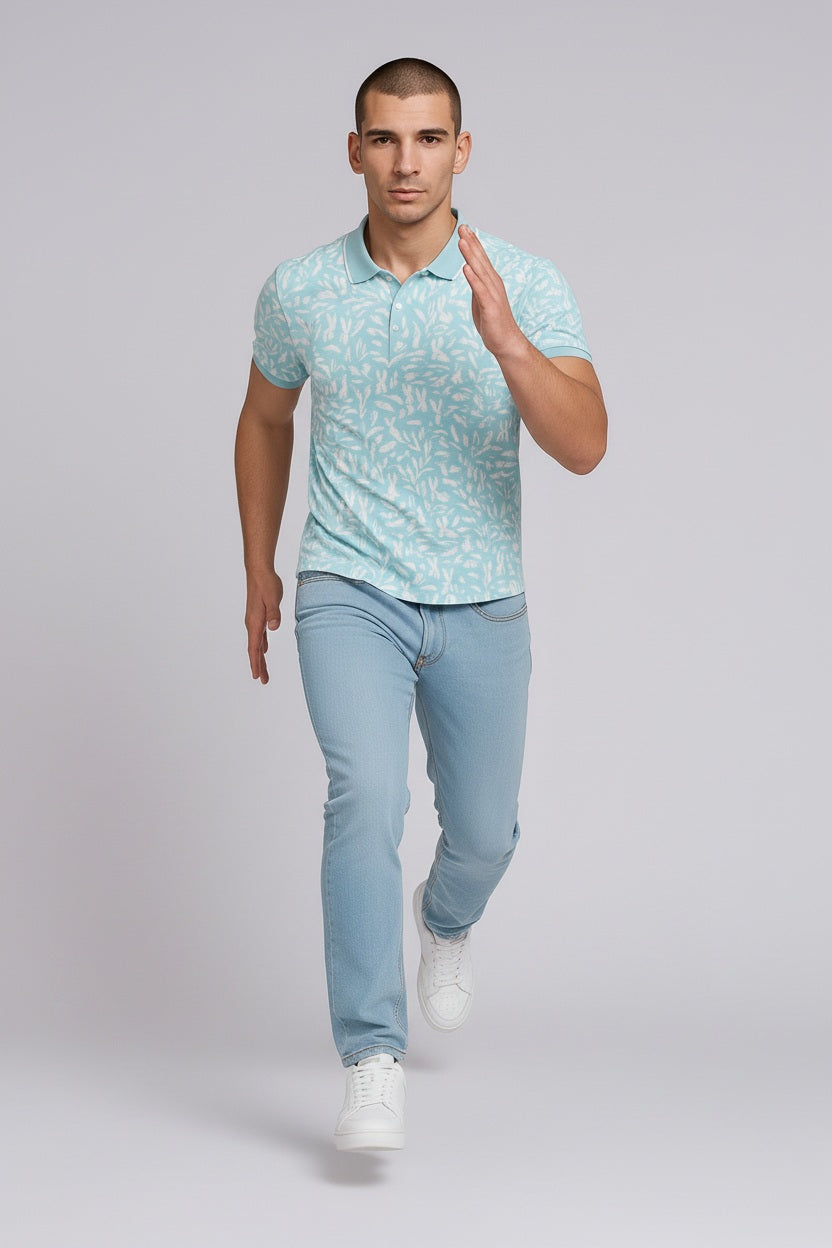 Men Aqua Floral Printed Polo Collar T-shirt