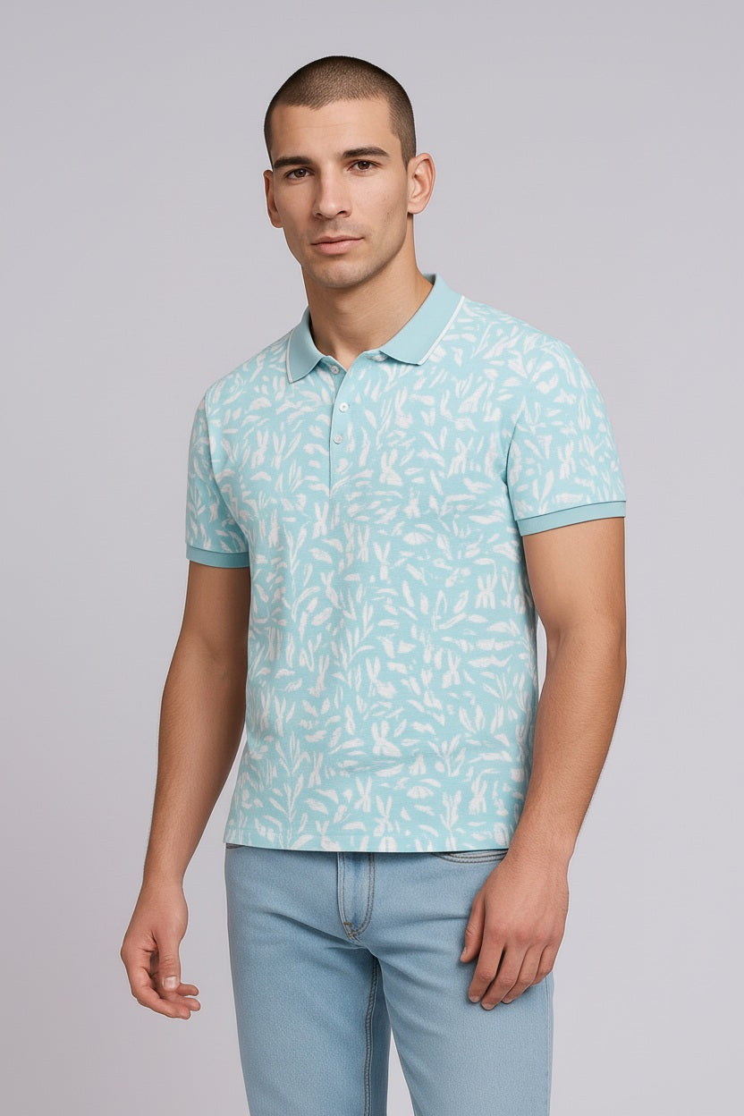Men Aqua Floral Printed Polo Collar T-shirt