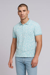 Men Aqua Floral Printed Polo Collar T-shirt