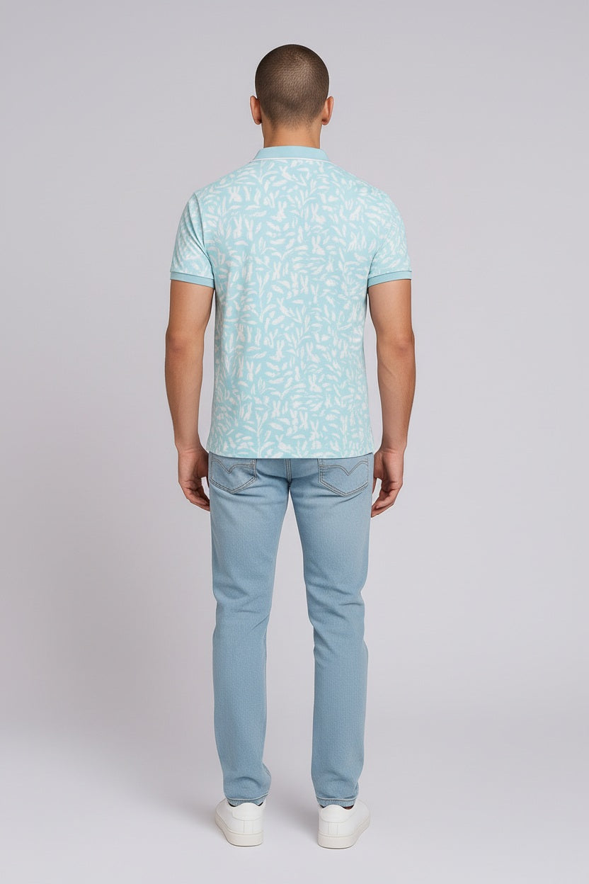 Men Aqua Floral Printed Polo Collar T-shirt