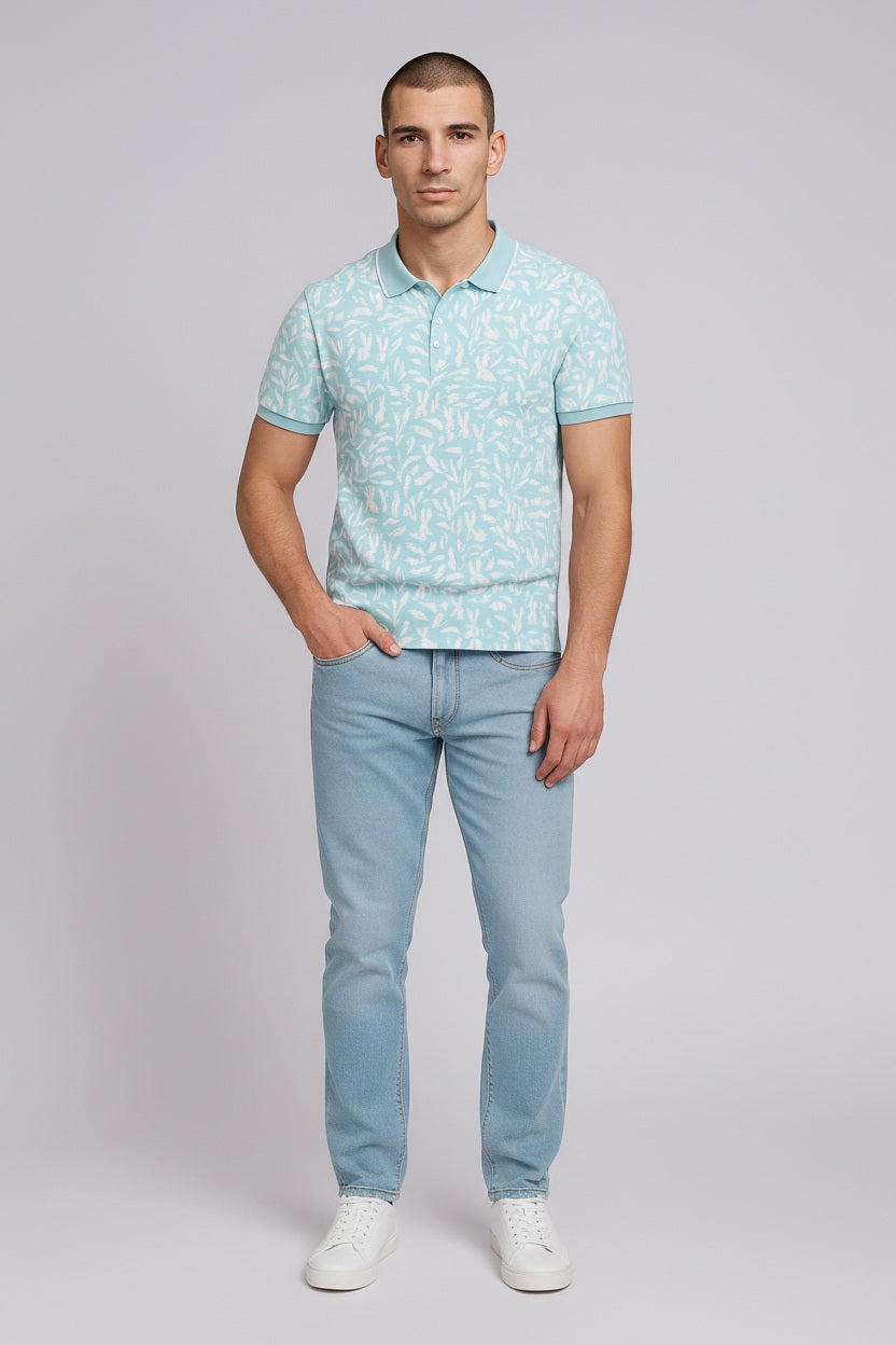 Men Aqua Floral Printed Polo Collar T-shirt
