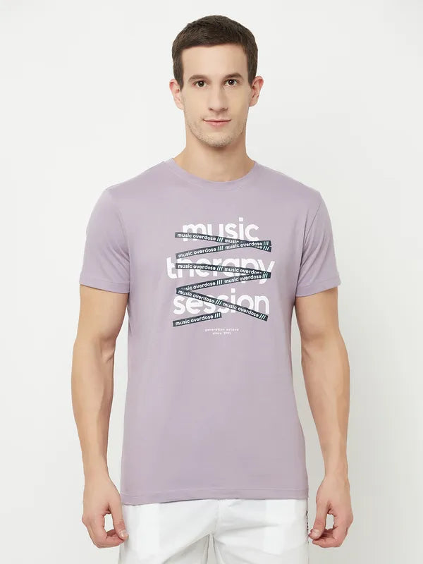 Octave Men Purple Typography Printed Raw Edge T-Shirt