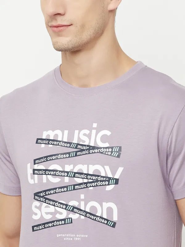 Octave Men Purple Typography Printed Raw Edge T-Shirt