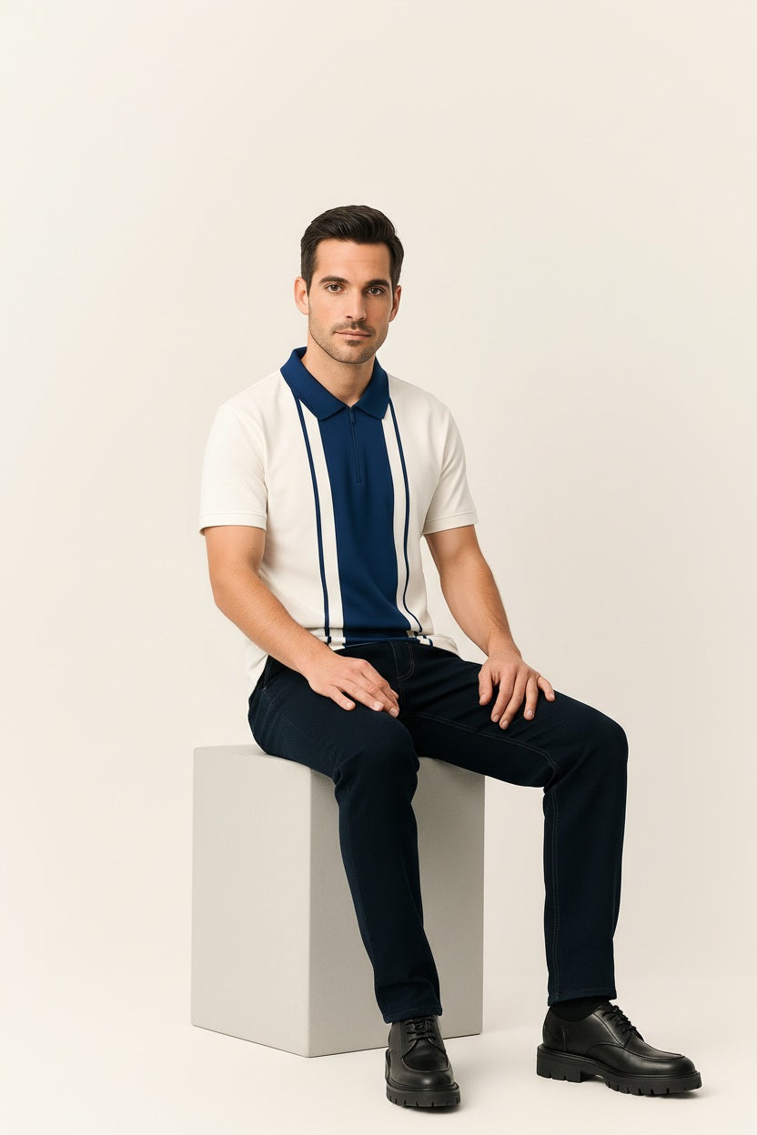 Men Oxford Blue Colourblocked Polo Collar T-shirt