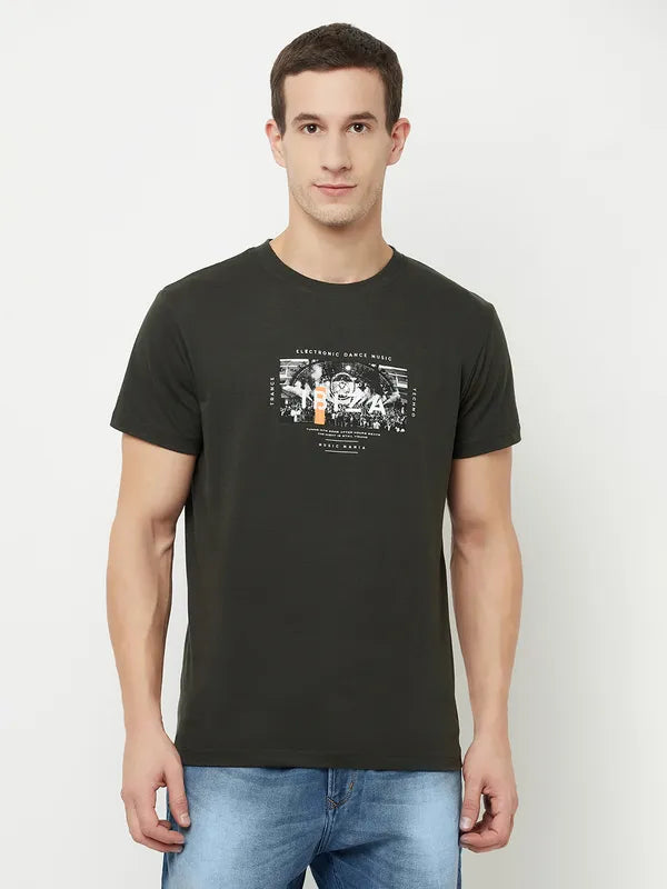 Octave Men Olive Green  Dark Charcoal Printed Applique T-Shirt