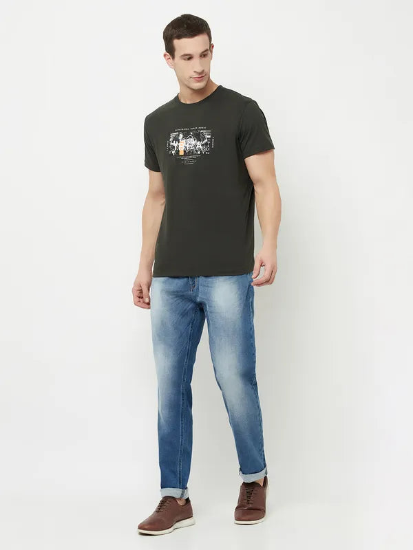 Octave Men Olive Green  Dark Charcoal Printed Applique T-Shirt