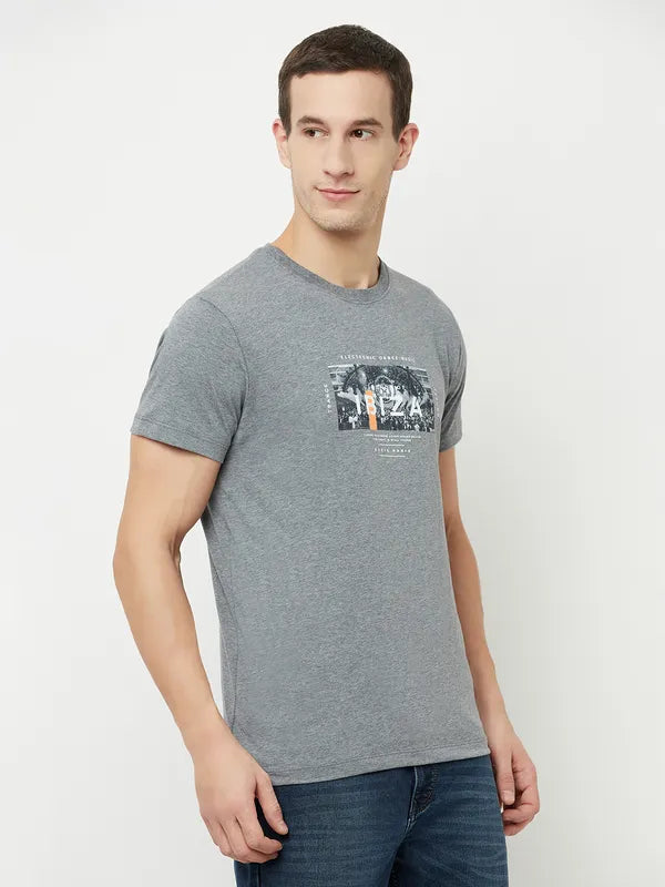 Octave Men Grey Typography Printed Applique T-Shirt