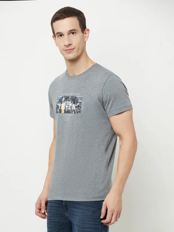Octave Men Grey Typography Printed Applique T-Shirt