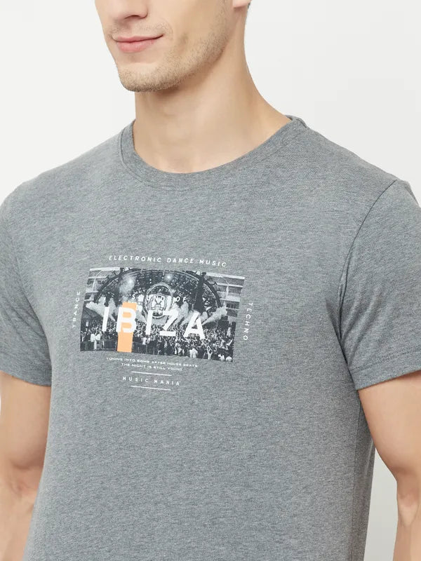 Octave Men Grey Typography Printed Applique T-Shirt