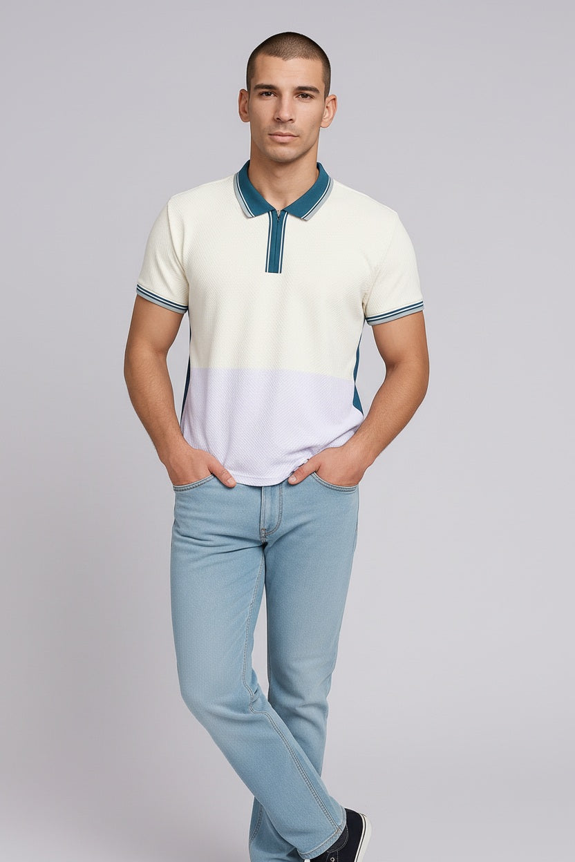Men White Colourblocked Polo Collar T-shirt