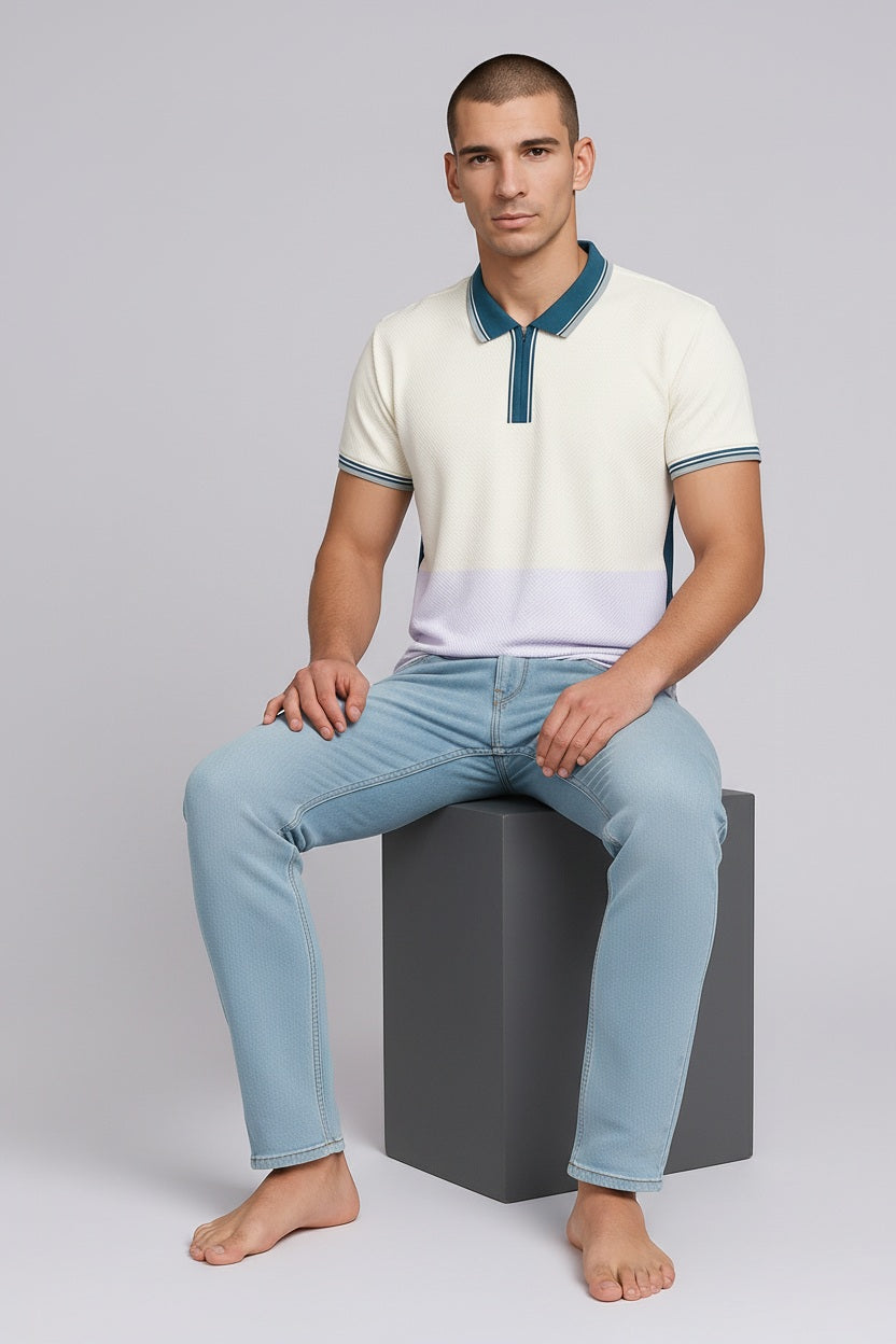 Men White Colourblocked Polo Collar T-shirt