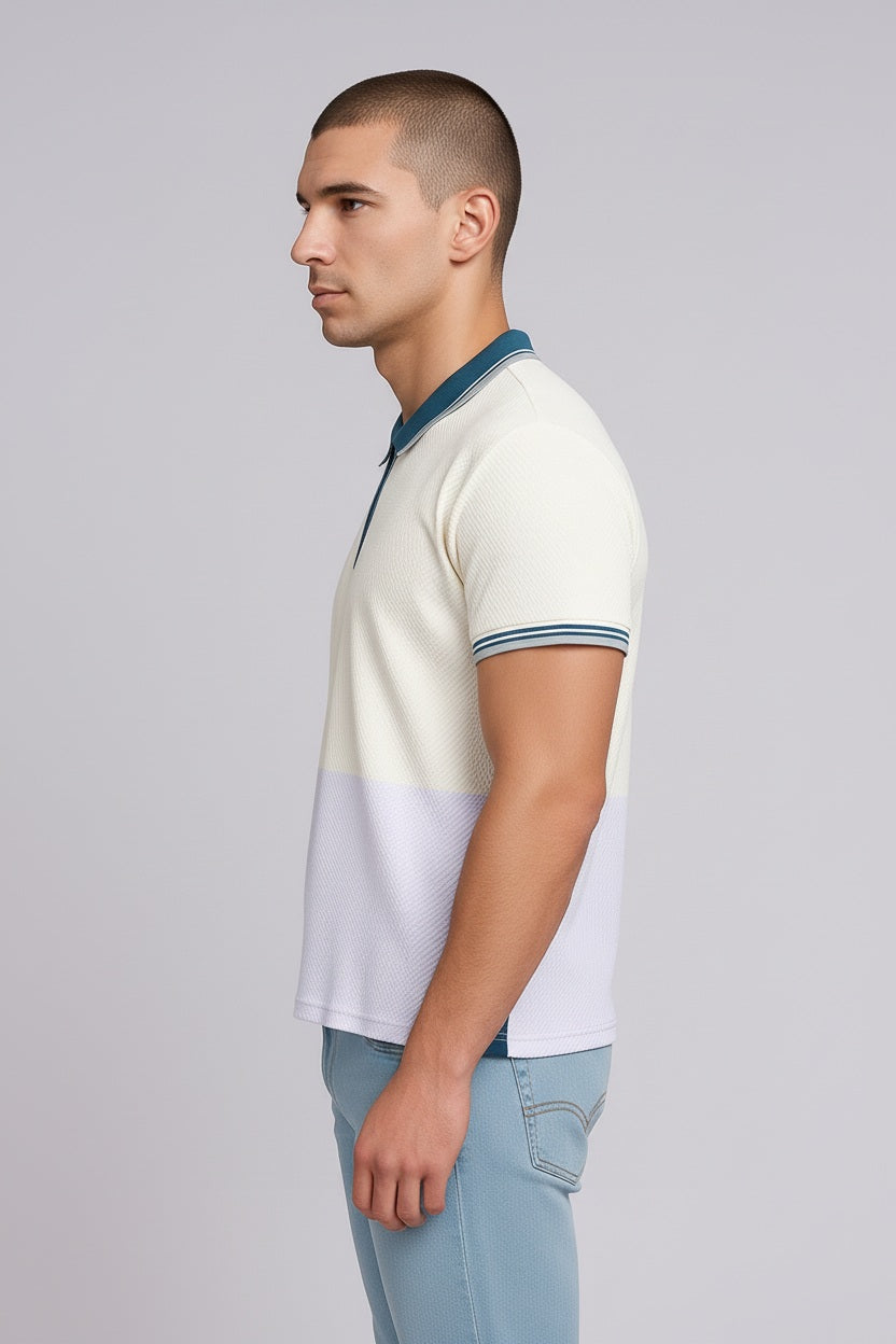 Men White Colourblocked Polo Collar T-shirt