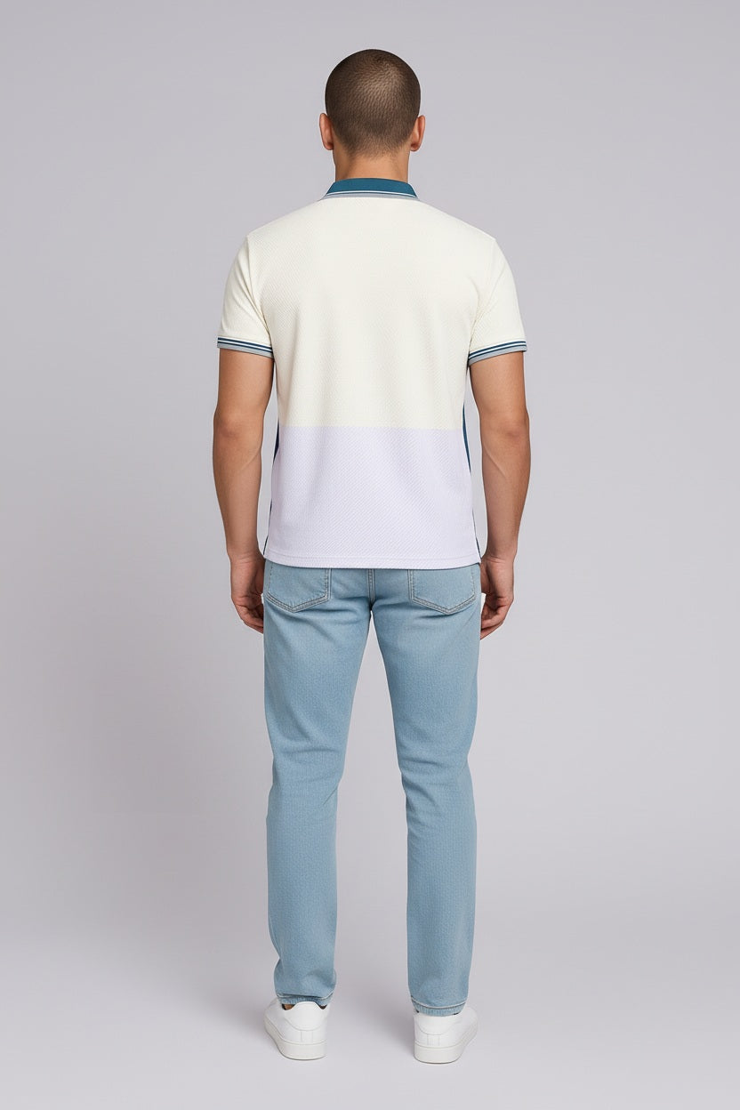 Men White Colourblocked Polo Collar T-shirt