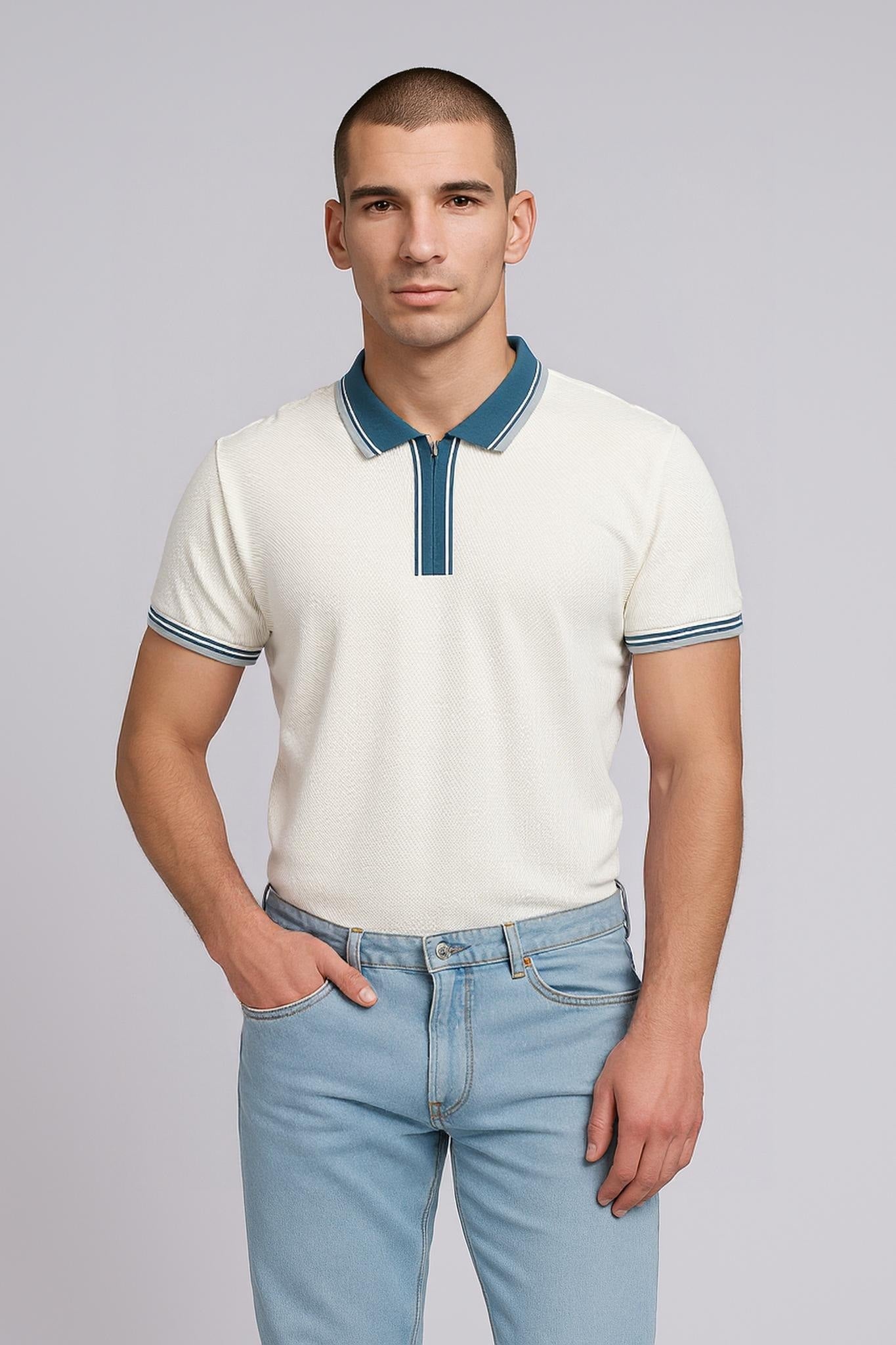 Men White Colourblocked Polo Collar T-shirt