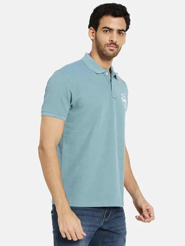 Octave Men Blue Polo Collar Applique T-Shirt