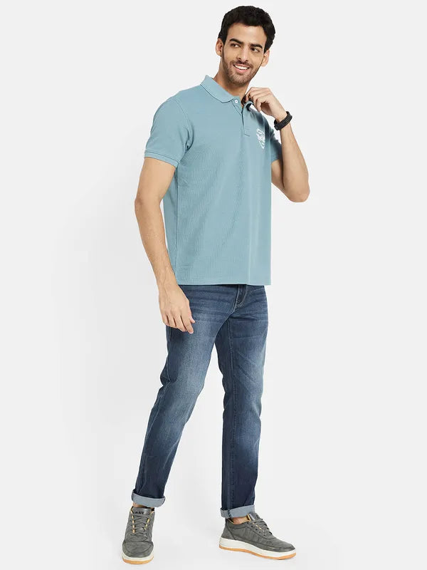 Octave Men Blue Polo Collar Applique T-Shirt