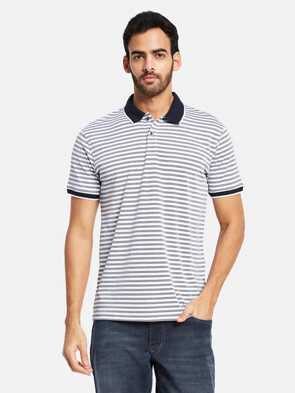 Octave Men Navy Blue Striped Polo Collar Pockets T-Shirt