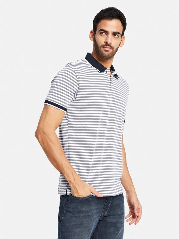 Octave Men Navy Blue Striped Polo Collar Pockets T-Shirt