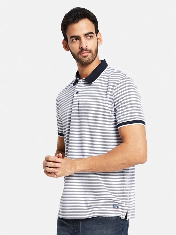 Octave Men Navy Blue Striped Polo Collar Pockets T-Shirt