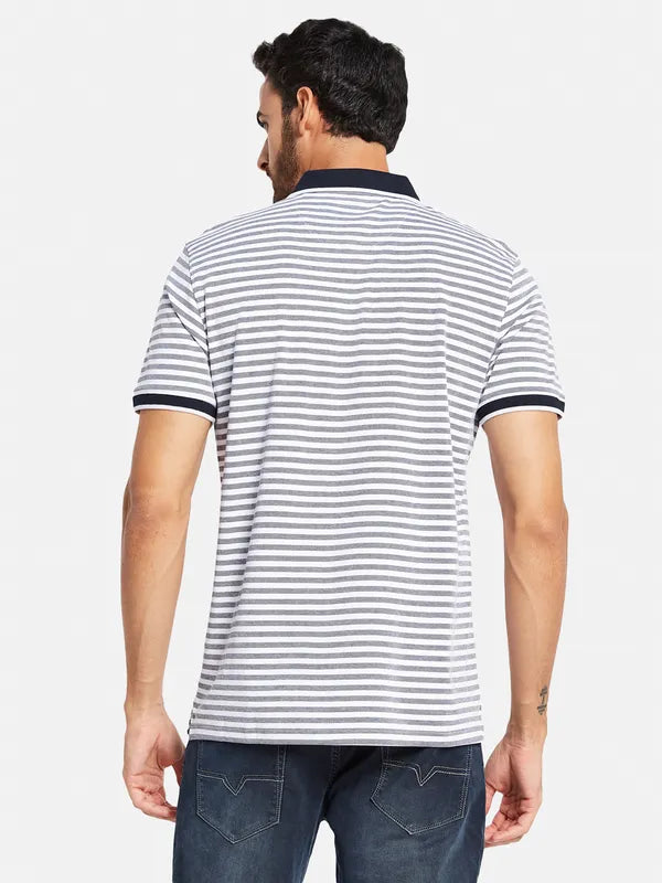 Octave Men Navy Blue Striped Polo Collar Pockets T-Shirt