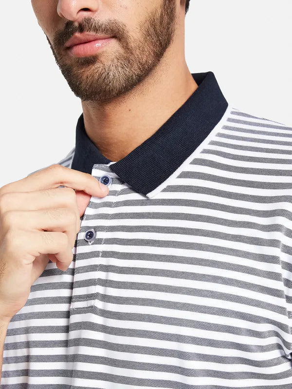 Octave Men Navy Blue Striped Polo Collar Pockets T-Shirt