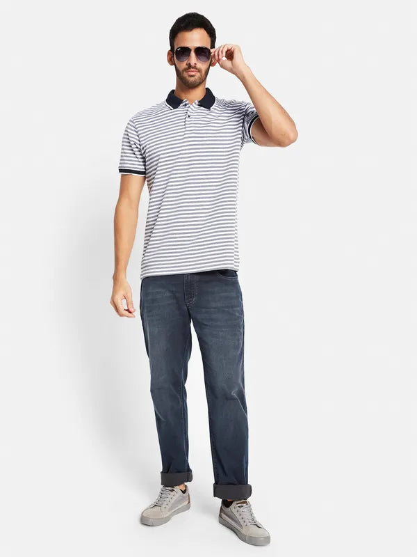 Octave Men Navy Blue Striped Polo Collar Pockets T-Shirt