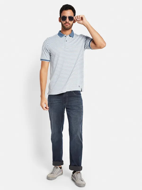 Octave Men Blue Striped Polo Collar Pockets T-Shirt