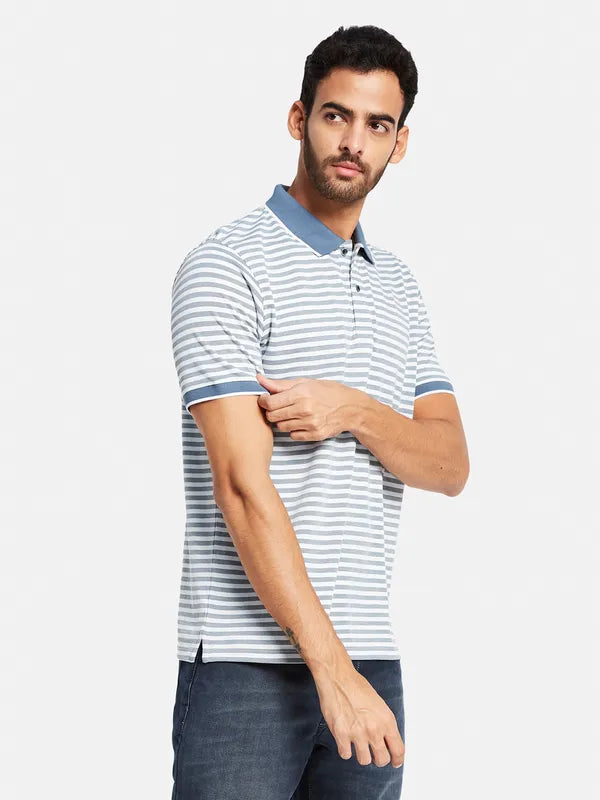 Octave Men Blue Striped Polo Collar Pockets T-Shirt