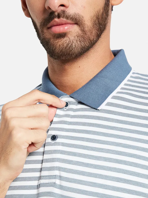 Octave Men Blue Striped Polo Collar Pockets T-Shirt