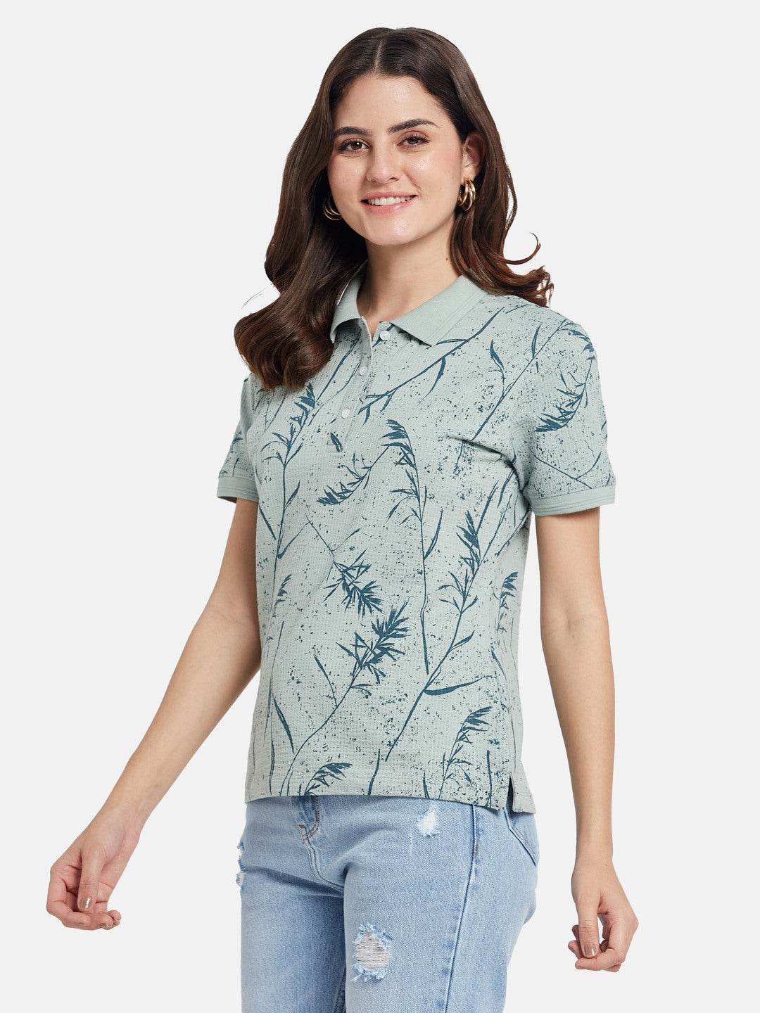 METTLE Floral Printed Polo Collar Cotton T-shirt
