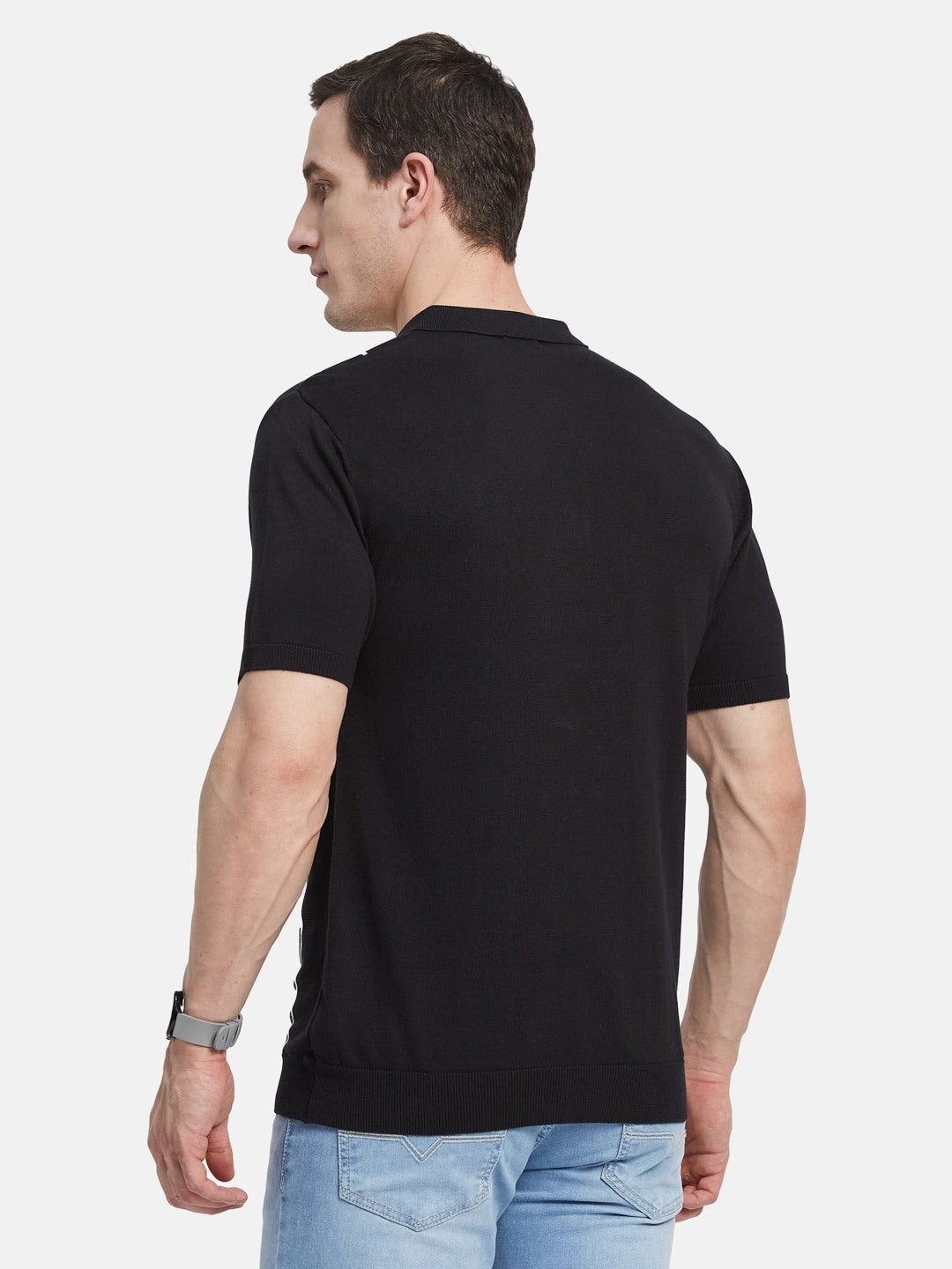 METTLE Men Striped Polo Collar Cotton T-shirt
