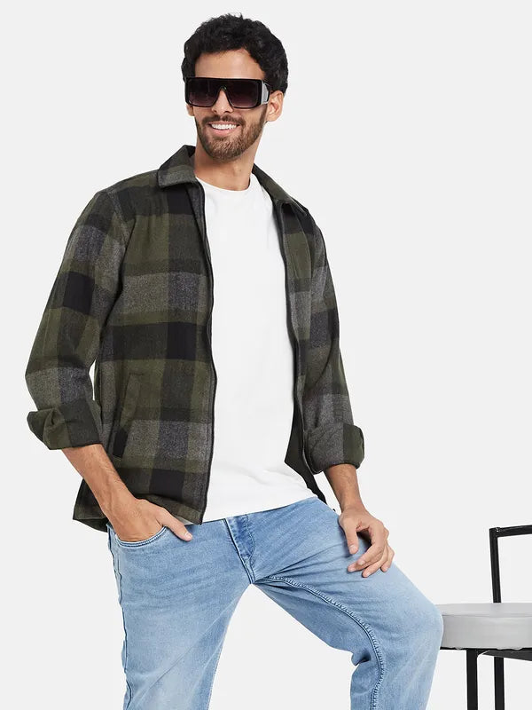 Mettle Men Olive Green Checked Casual Shirt